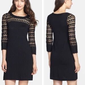LILLY PULITZER Kariana Dress Black Crochet  Merino Wool 3/4 Sleeve Size XS